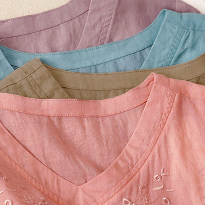 Chemise décontractée pour femme Buddha Stones à manches courtes et col en V orné de fleurs brodées - image 28
