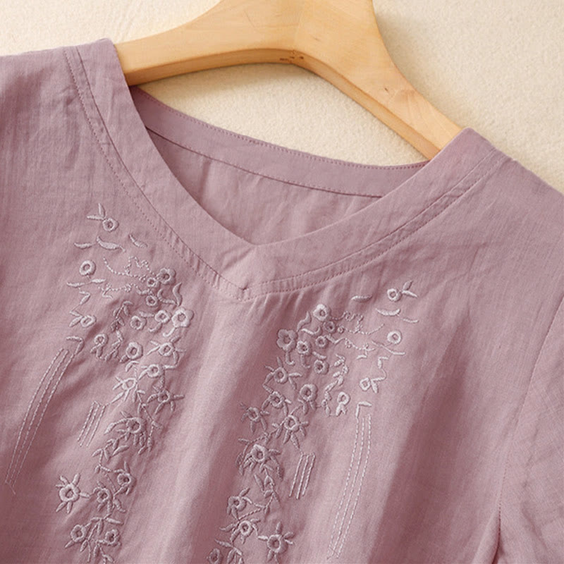 Chemise décontractée pour femme Buddha Stones à manches courtes et col en V orné de fleurs brodées - image 7