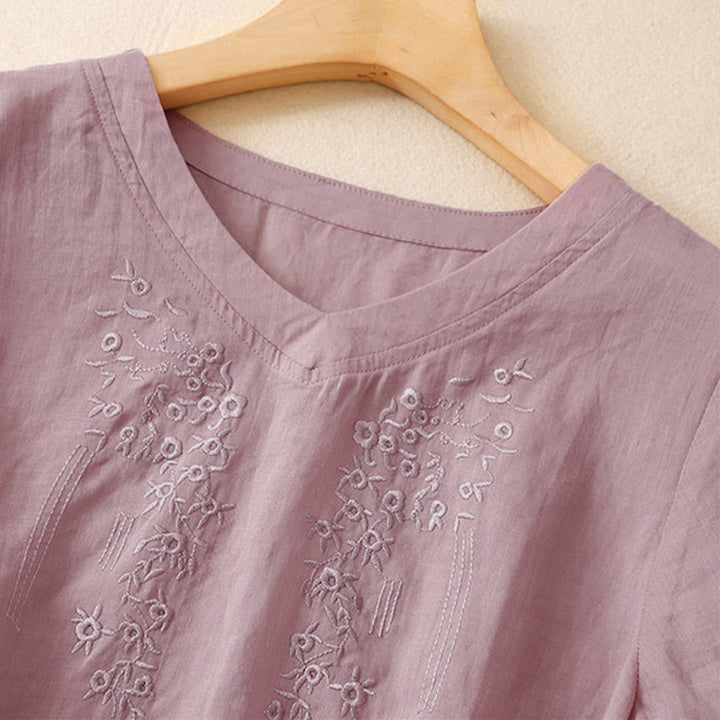 Chemise décontractée pour femme Buddha Stones à manches courtes et col en V orné de fleurs brodées - image 7