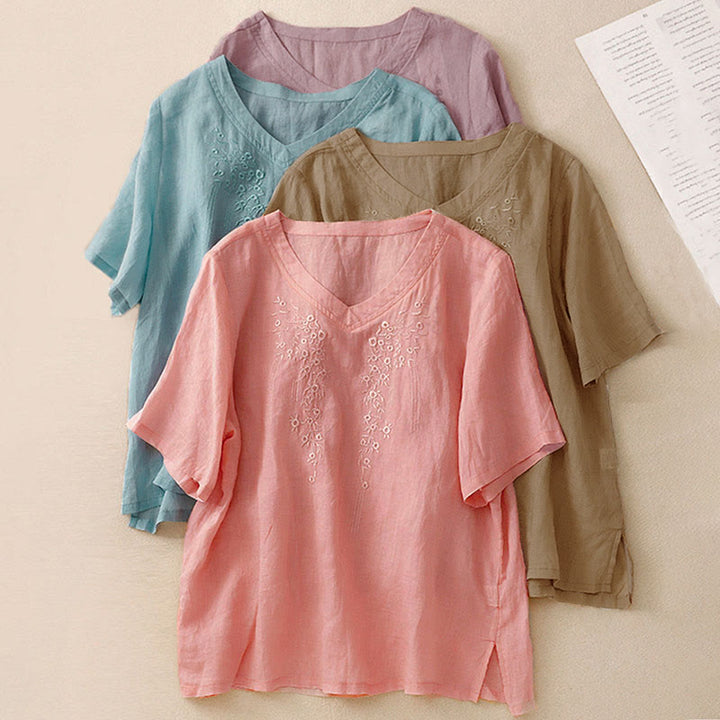 Chemise décontractée pour femme Buddha Stones à manches courtes et col en V orné de fleurs brodées - image 27