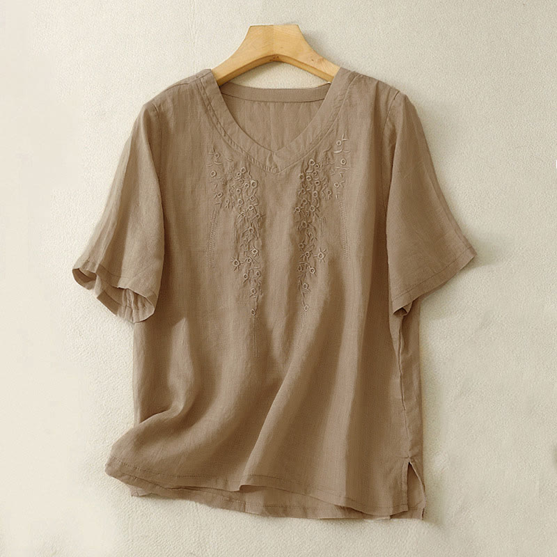 Chemise décontractée pour femme Buddha Stones à manches courtes et col en V orné de fleurs brodées - Tanné - US8-10，UK/AU12-14，EU40-42 (2XL) - image 12