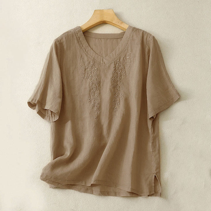 Chemise décontractée pour femme Buddha Stones à manches courtes et col en V orné de fleurs brodées - Tanné - US8-10，UK/AU12-14，EU40-42 (2XL) - image 12