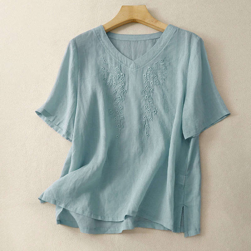 Chemise décontractée pour femme Buddha Stones à manches courtes et col en V orné de fleurs brodées - Bleu clair - US8-10，UK/AU12-14，EU40-42 (2XL) - image 21