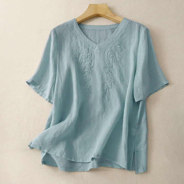 Chemise décontractée pour femme Buddha Stones à manches courtes et col en V orné de fleurs brodées - Bleu clair - US8-10，UK/AU12-14，EU40-42 (2XL) - image 21