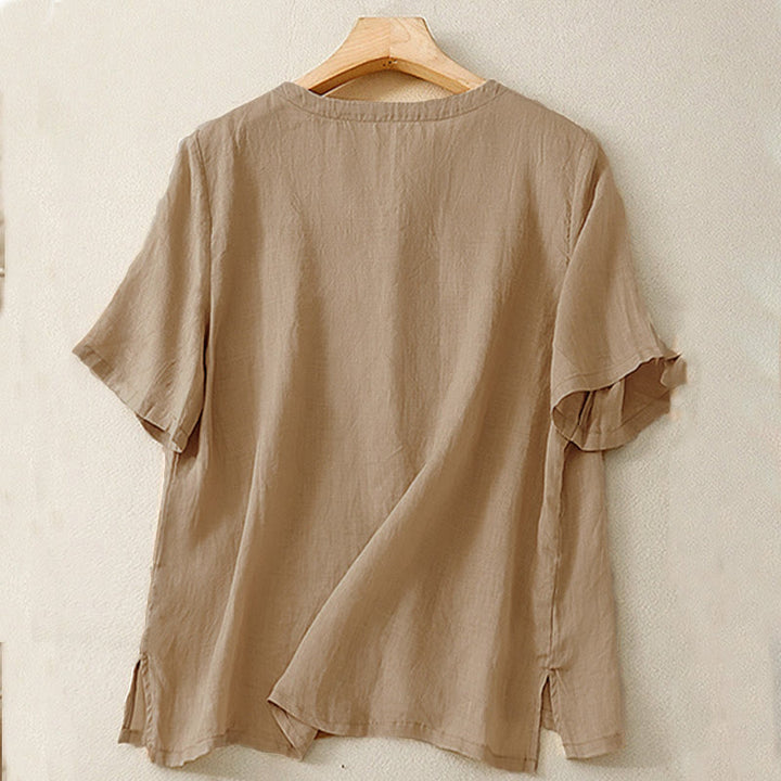 Chemise décontractée pour femme Buddha Stones à manches courtes et col en V orné de fleurs brodées - image 13