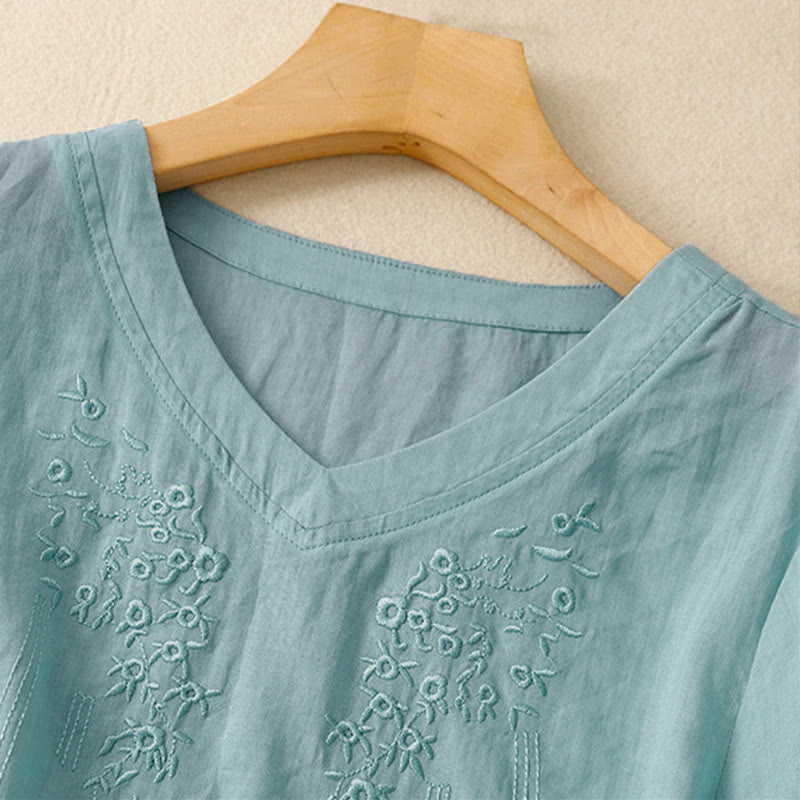 Chemise décontractée pour femme Buddha Stones à manches courtes et col en V orné de fleurs brodées - image 22