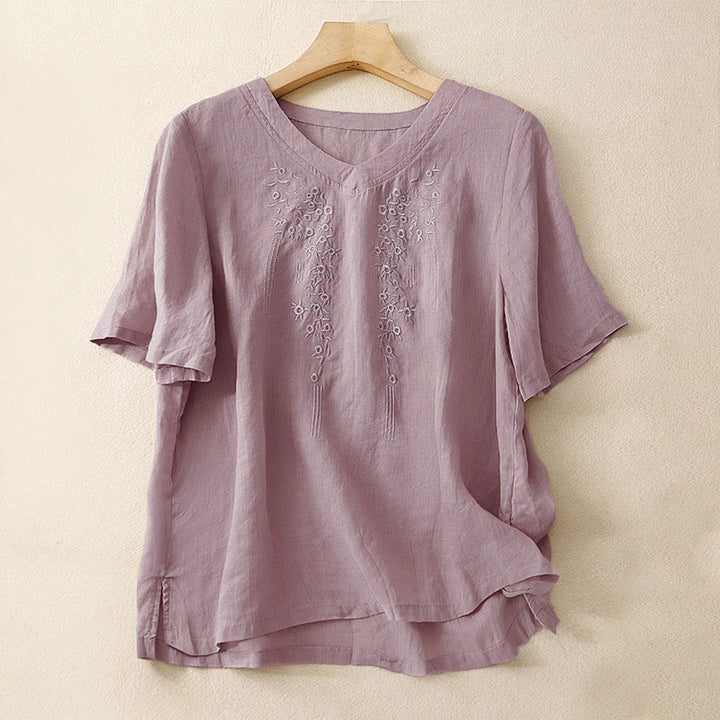 Chemise décontractée pour femme Buddha Stones à manches courtes et col en V orné de fleurs brodées - Chardon - US8-10，UK/AU12-14，EU40-42 (2XL) - image 6