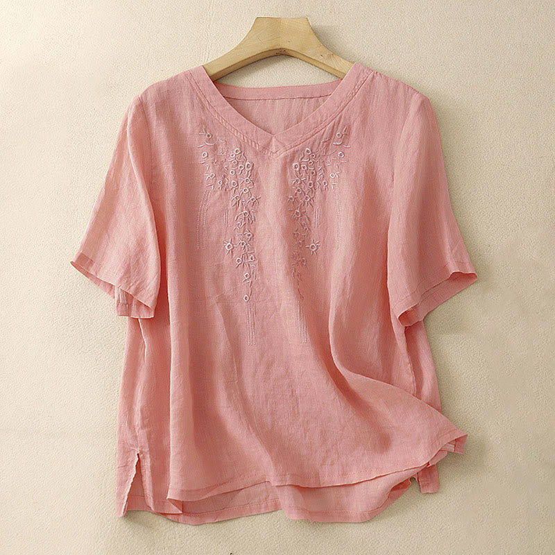 Chemise décontractée pour femme Buddha Stones à manches courtes et col en V orné de fleurs brodées - Saumon foncé - US8-10，UK/AU12-14，EU40-42 (2XL) - image 0