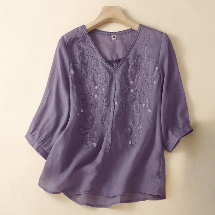 T-shirt femme à manches courtes et col en V, motif brodé de branches de fleurs et de Buddha Stones, style décontracté d'été - Orchidée moyenne - US8-10，UK/AU12-14，EU40-42 (2XL) - image 4
