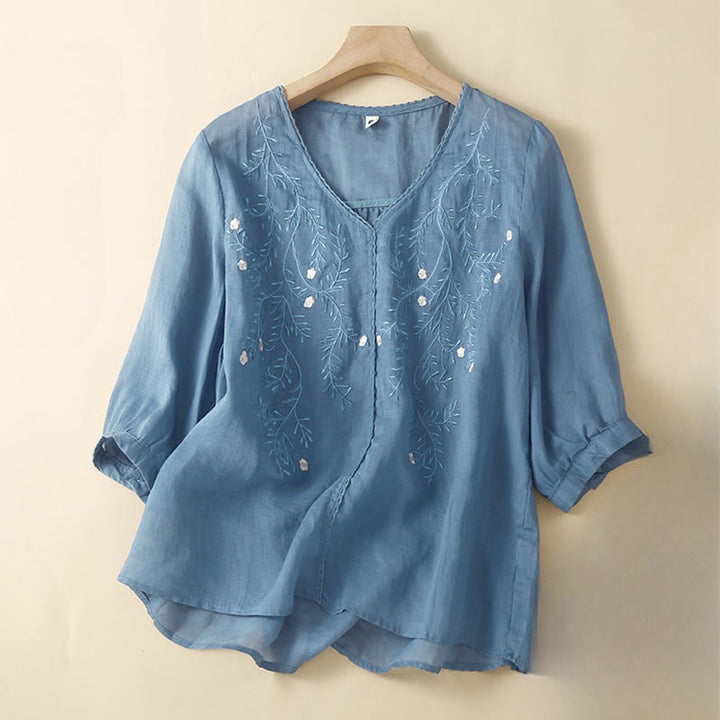 T-shirt femme à manches courtes et col en V, motif brodé de branches de fleurs et de Buddha Stones, style décontracté d'été - SteelBlue - US8-10，UK/AU12-14，EU40-42 (2XL) - image 1