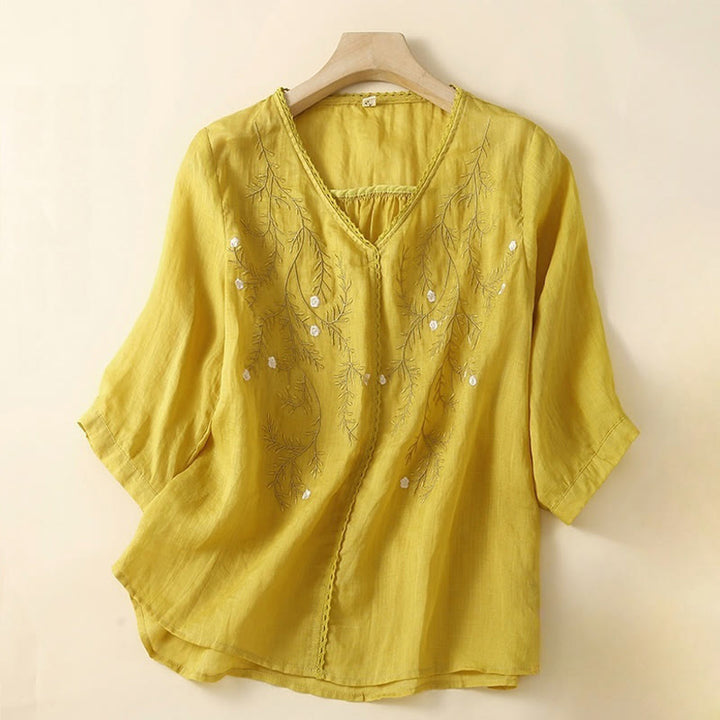 T-shirt femme à manches courtes et col en V, motif brodé de branches de fleurs et de Buddha Stones, style décontracté d'été - Or - US8-10，UK/AU12-14，EU40-42 (2XL) - image 0