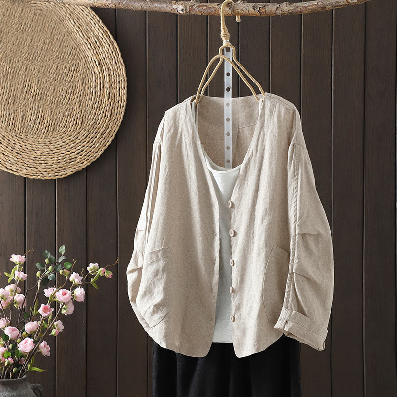Veste femme à col en V, couleur unie, avec poches, Buddha Stones - Beige - US14，UK/AU18，EU46 (2XL) - image 0