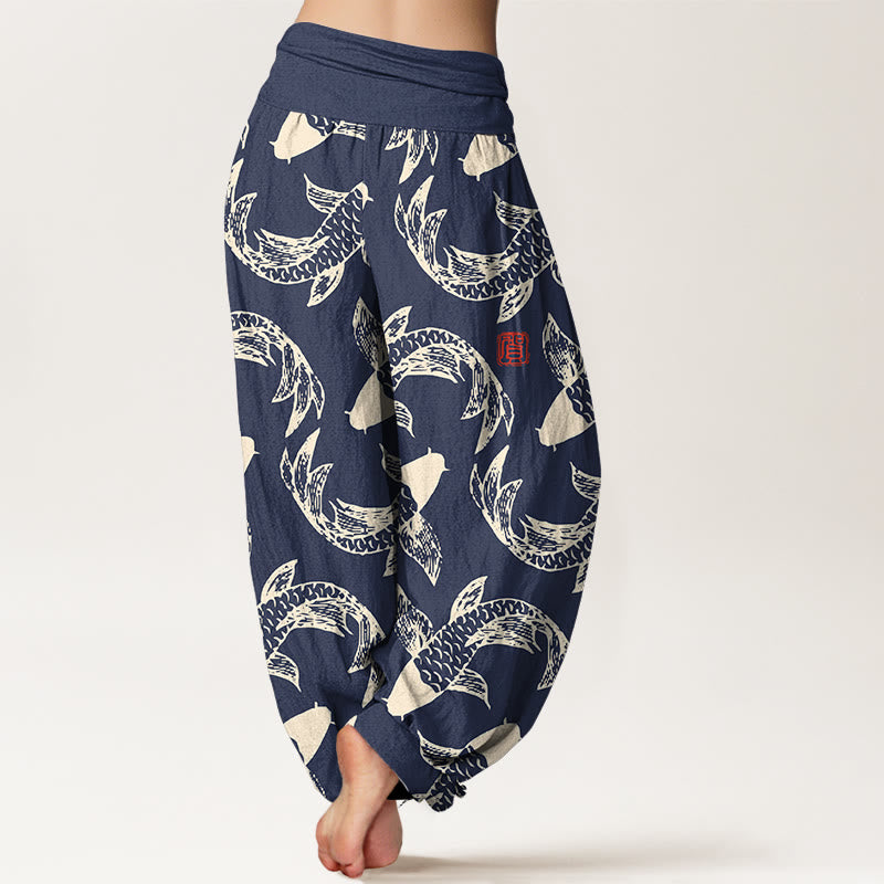 Pantalon harem taille élastique pour femme, en pur coton, motif Buddha Stones et poissons koi - image 1