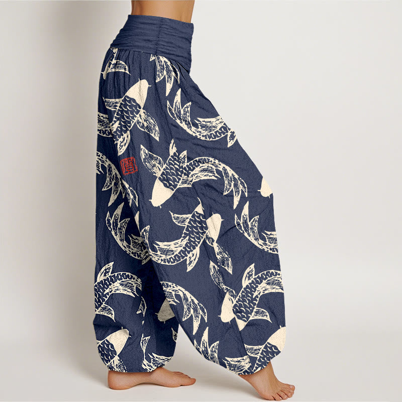 Pantalon harem taille élastique pour femme, en pur coton, motif Buddha Stones et poissons koi - image 2