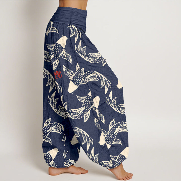 Pantalon harem taille élastique pour femme, en pur coton, motif Buddha Stones et poissons koi - image 2
