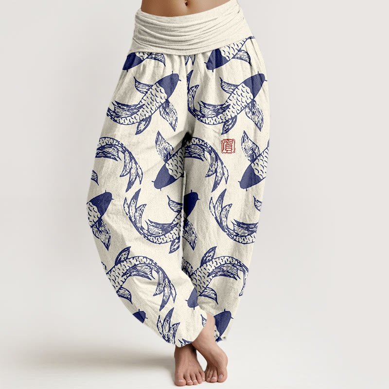 Pantalon harem taille élastique pour femme, en pur coton, motif Buddha Stones et poissons koi - Lin - US16，UK/AU20，EU48 (3XL) - image 5