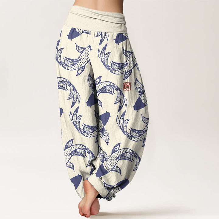 Pantalon harem taille élastique pour femme, en pur coton, motif Buddha Stones et poissons koi - image 6