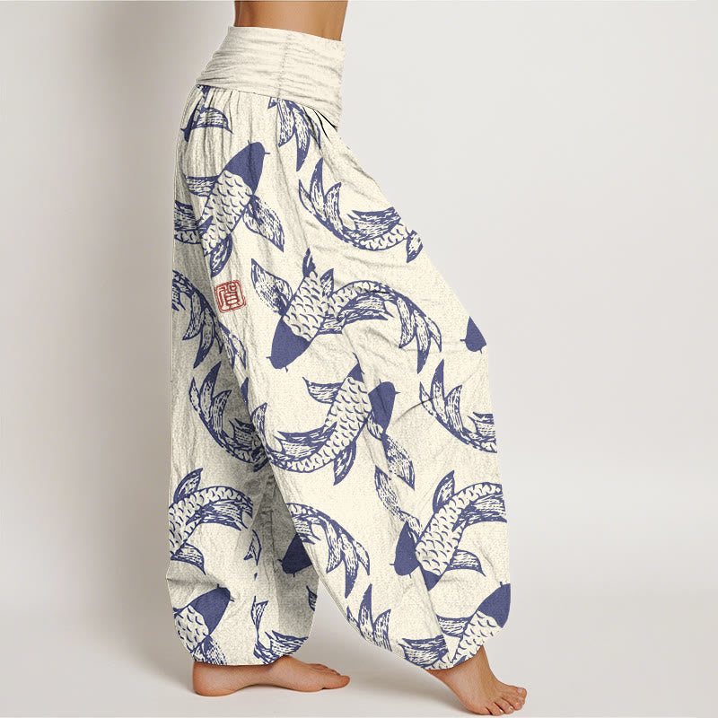Pantalon harem taille élastique pour femme, en pur coton, motif Buddha Stones et poissons koi - image 7