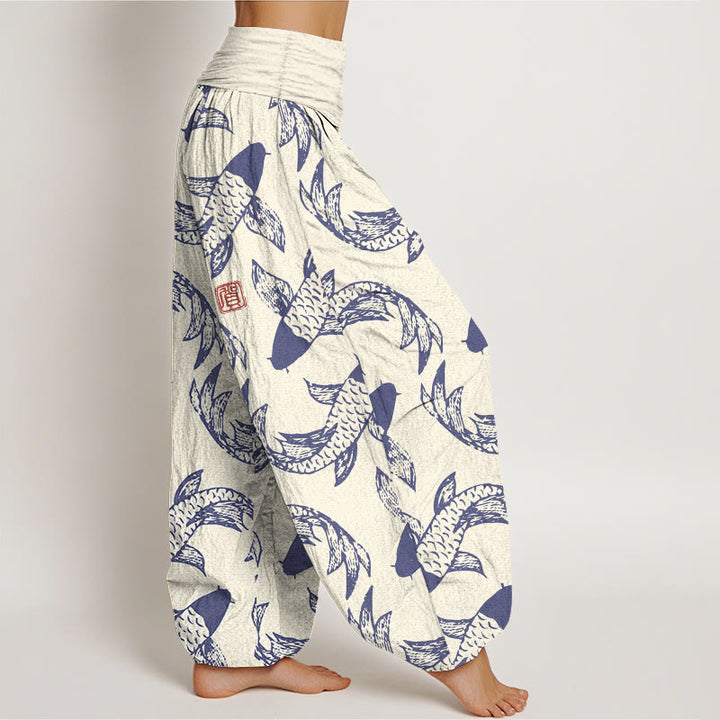 Pantalon harem taille élastique pour femme, en pur coton, motif Buddha Stones et poissons koi - image 7