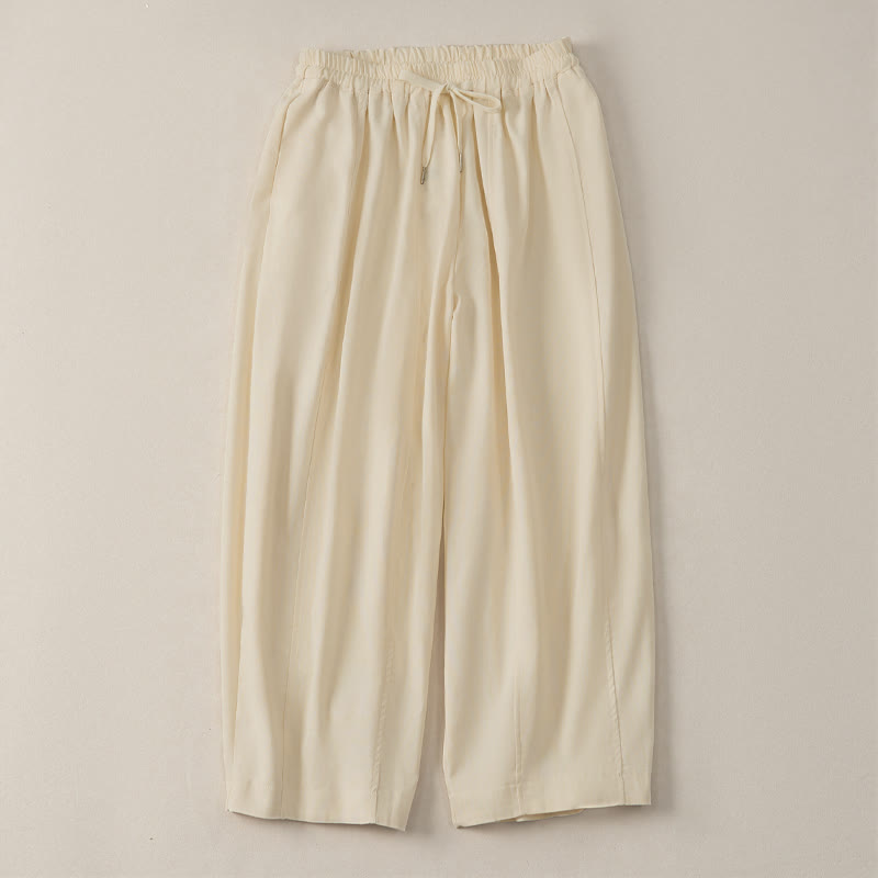 Buddha Stones Pantalon sarouel court d'été décontracté et simple à cordon de serrage, en coton et lin uni, avec poches - image 3