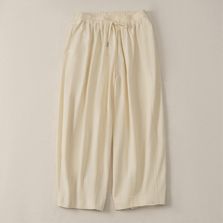Buddha Stones Pantalon sarouel court d'été décontracté et simple à cordon de serrage, en coton et lin uni, avec poches - image 3