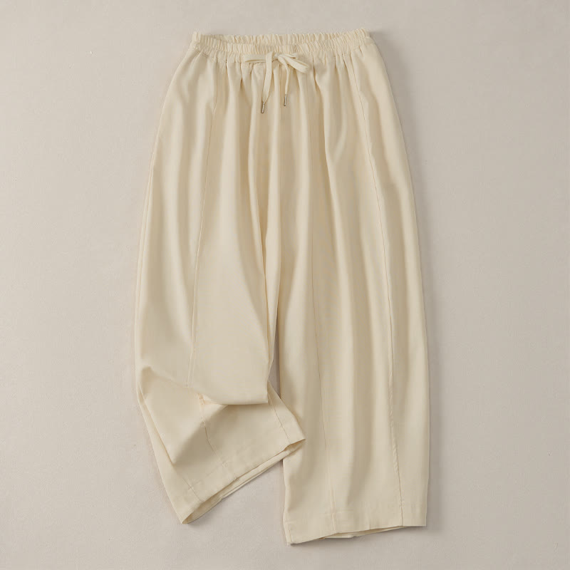 Buddha Stones Pantalon sarouel court d'été décontracté et simple à cordon de serrage, en coton et lin uni, avec poches - Beige - US8-10, UK/AU12-14, EU40-42 (2XL) - image 0