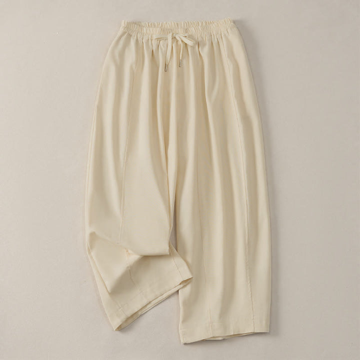 Buddha Stones Pantalon sarouel court d'été décontracté et simple à cordon de serrage, en coton et lin uni, avec poches - Beige - US8-10, UK/AU12-14, EU40-42 (2XL) - image 0