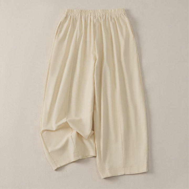 Buddha Stones Pantalon sarouel court d'été décontracté et simple à cordon de serrage, en coton et lin uni, avec poches - image 2