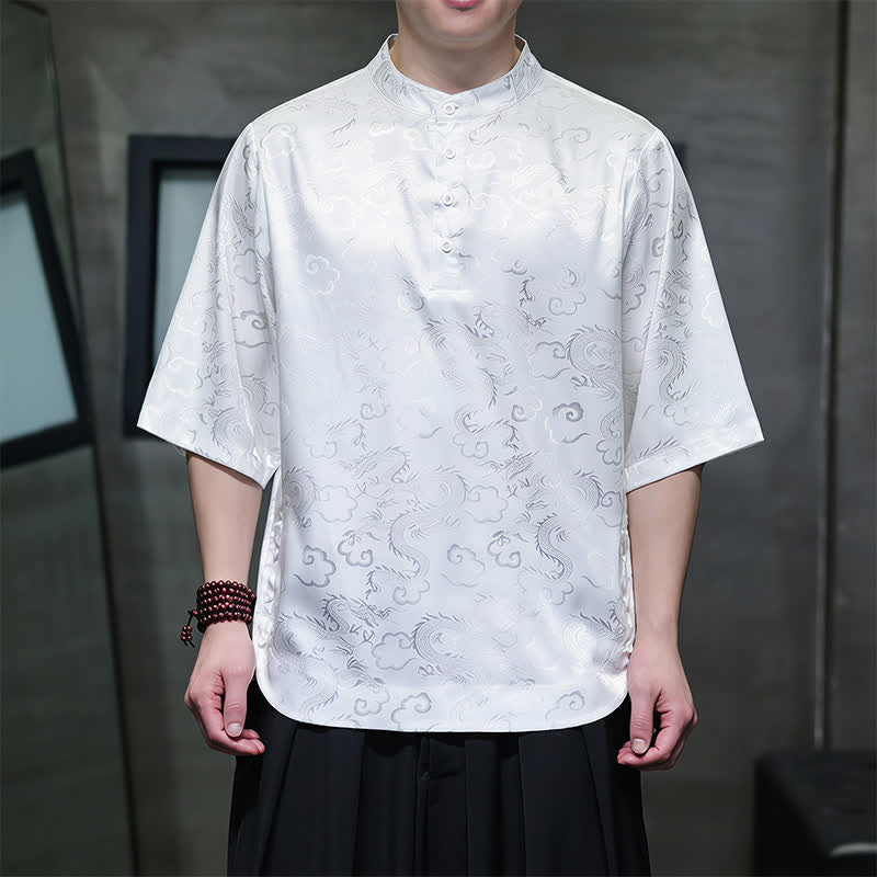 Buddha Stones Chemises à manches courtes pour hommes, style Tang vintage été, col mandarin, motif nuages ​​et dragons - Blanc - US/UK/AU46, EU56 (5XL) - image 10