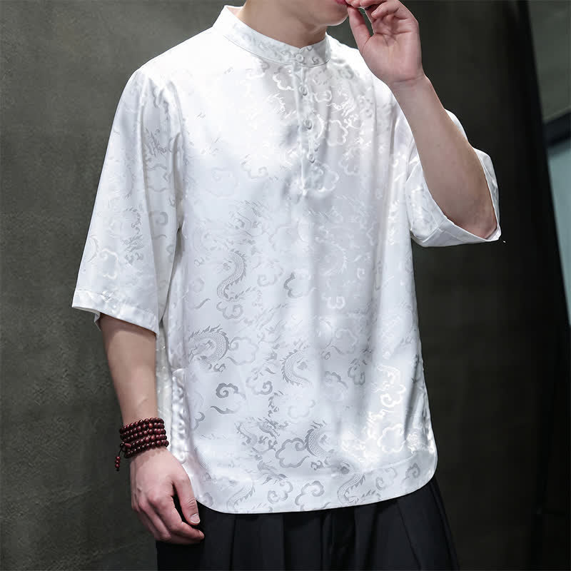 Buddha Stones Chemises à manches courtes pour hommes, style Tang vintage été, col mandarin, motif nuages ​​et dragons - image 11