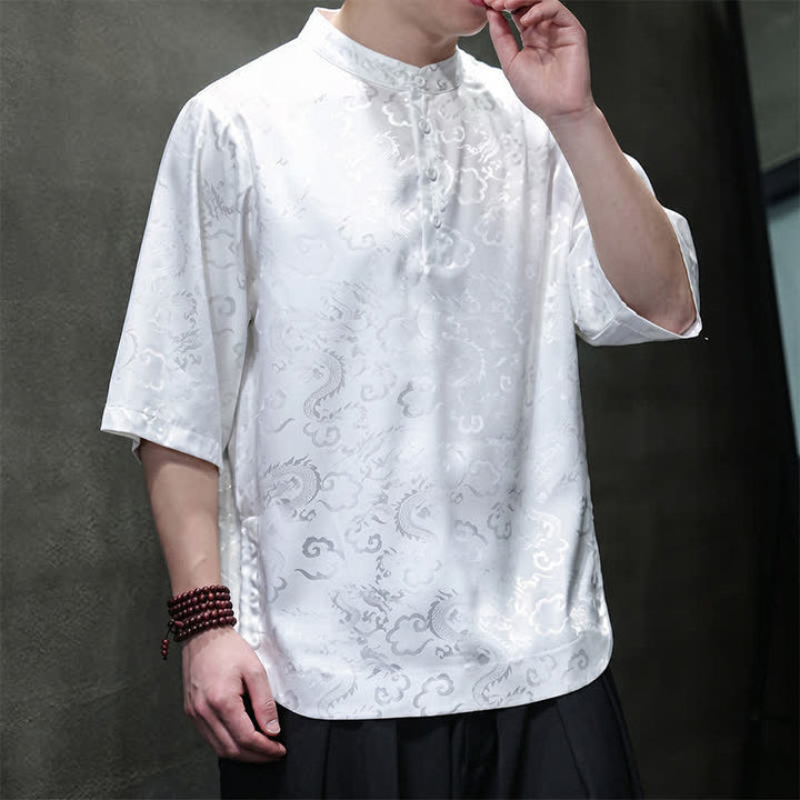 Buddha Stones Chemises à manches courtes pour hommes, style Tang vintage été, col mandarin, motif nuages ​​et dragons - image 11
