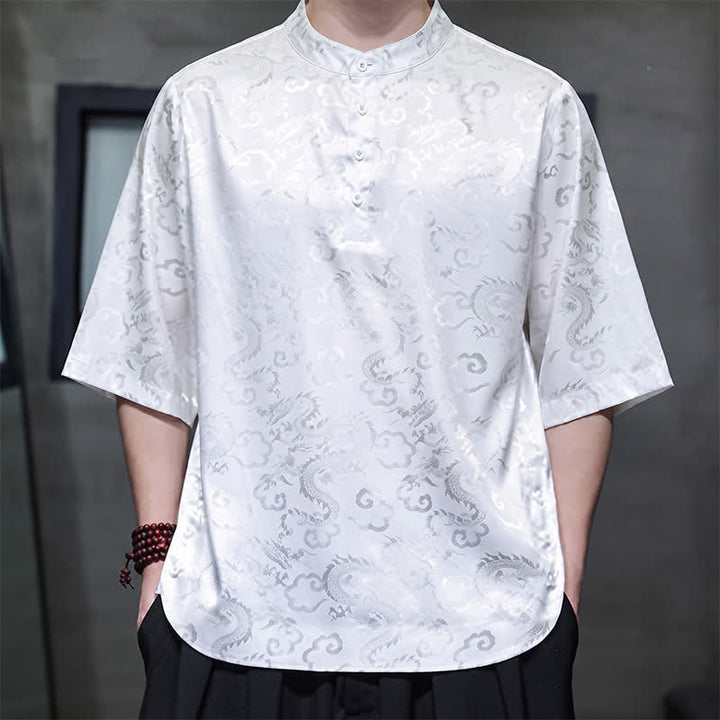 Buddha Stones Chemises à manches courtes pour hommes, style Tang vintage été, col mandarin, motif nuages ​​et dragons - image 17