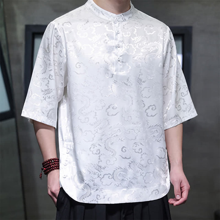 Buddha Stones Chemises à manches courtes pour hommes, style Tang vintage été, col mandarin, motif nuages ​​et dragons - image 12