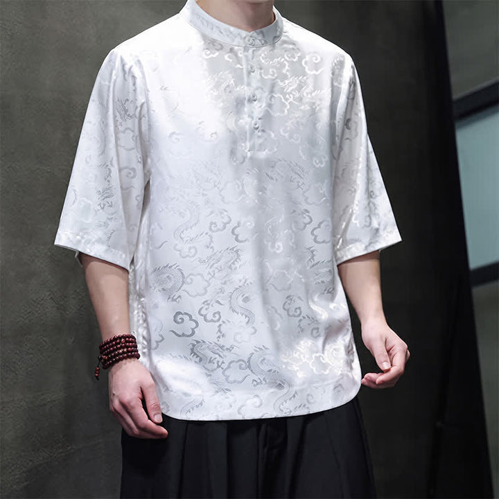 Buddha Stones Chemises à manches courtes pour hommes, style Tang vintage été, col mandarin, motif nuages ​​et dragons - image 15