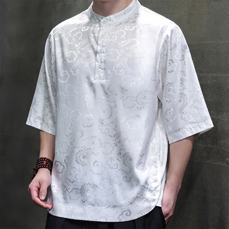 Buddha Stones Chemises à manches courtes pour hommes, style Tang vintage été, col mandarin, motif nuages ​​et dragons - image 14
