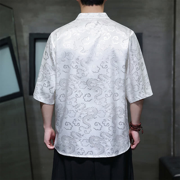 Buddha Stones Chemises à manches courtes pour hommes, style Tang vintage été, col mandarin, motif nuages ​​et dragons - image 13