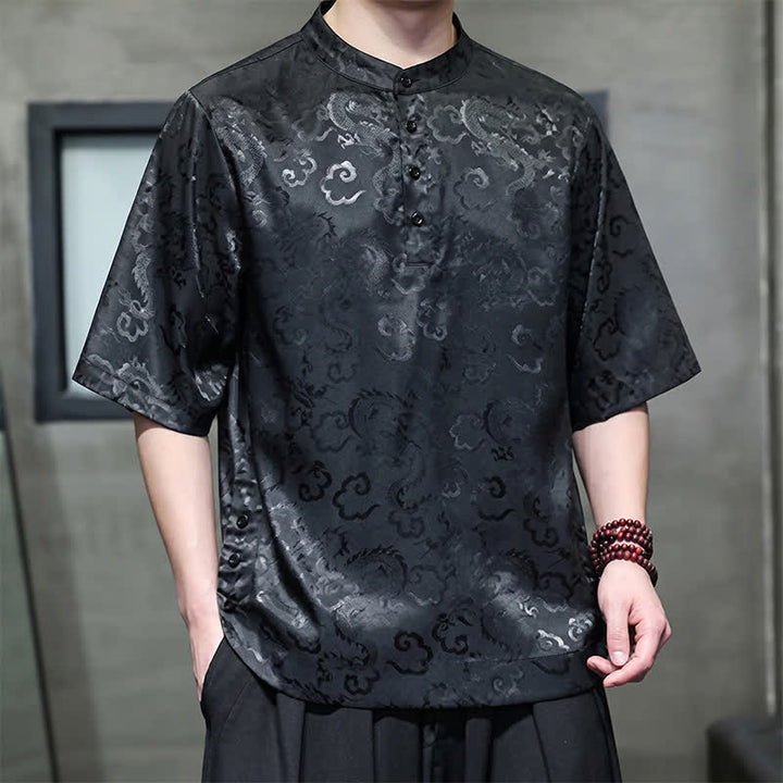 Buddha Stones Chemises à manches courtes pour hommes, style Tang vintage été, col mandarin, motif nuages ​​et dragons - image 3