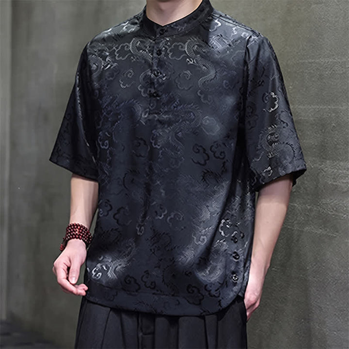 Buddha Stones Chemises à manches courtes pour hommes, style Tang vintage été, col mandarin, motif nuages ​​et dragons - image 5