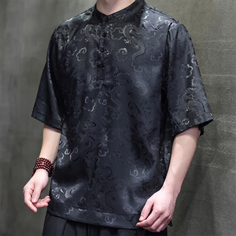 Buddha Stones Chemises à manches courtes pour hommes, style Tang vintage été, col mandarin, motif nuages ​​et dragons - image 8
