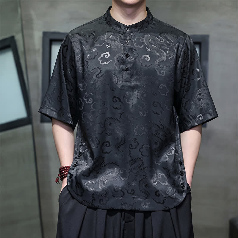 Buddha Stones Chemises à manches courtes pour hommes, style Tang vintage été, col mandarin, motif nuages ​​et dragons - Noir - US/UK/AU46, EU56 (5XL) - image 0