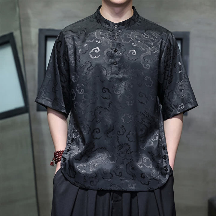 Buddha Stones Chemises à manches courtes pour hommes, style Tang vintage été, col mandarin, motif nuages ​​et dragons - Noir - US/UK/AU46, EU56 (5XL) - image 0