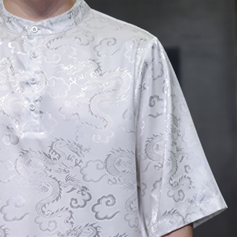 Buddha Stones Chemises à manches courtes pour hommes, style Tang vintage été, col mandarin, motif nuages ​​et dragons - image 19