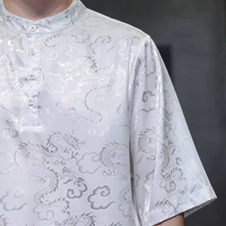 Buddha Stones Chemises à manches courtes pour hommes, style Tang vintage été, col mandarin, motif nuages ​​et dragons - image 19