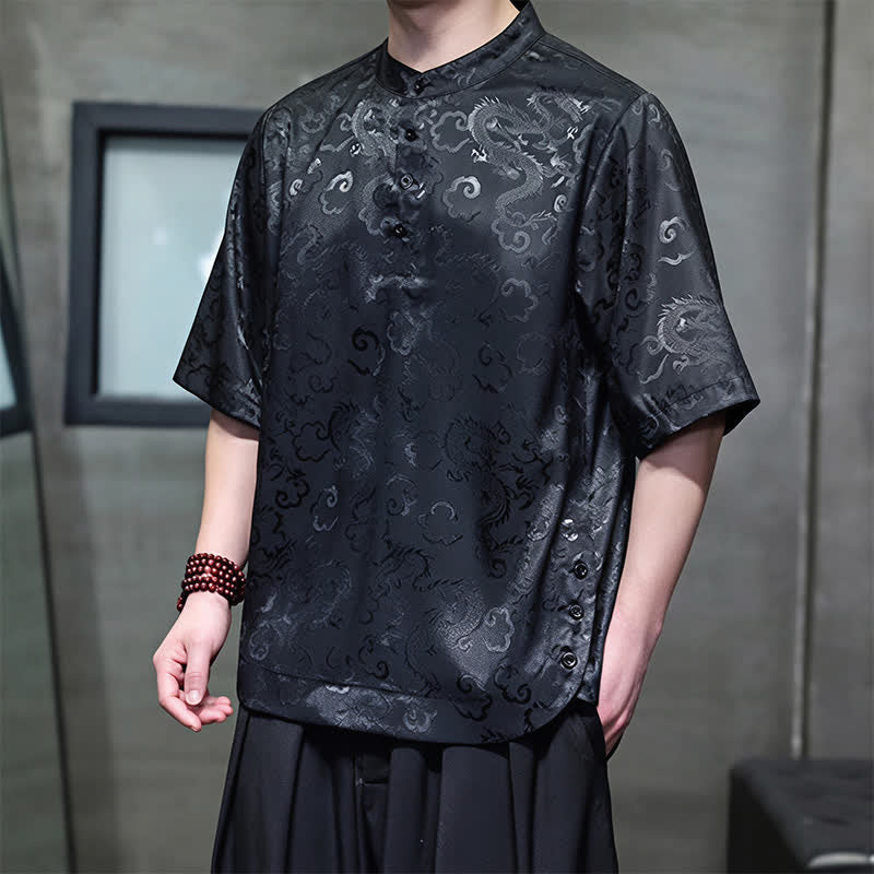 Buddha Stones Chemises à manches courtes pour hommes, style Tang vintage été, col mandarin, motif nuages ​​et dragons - image 9
