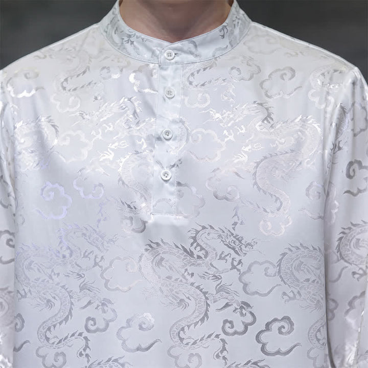 Buddha Stones Chemises à manches courtes pour hommes, style Tang vintage été, col mandarin, motif nuages ​​et dragons - image 18
