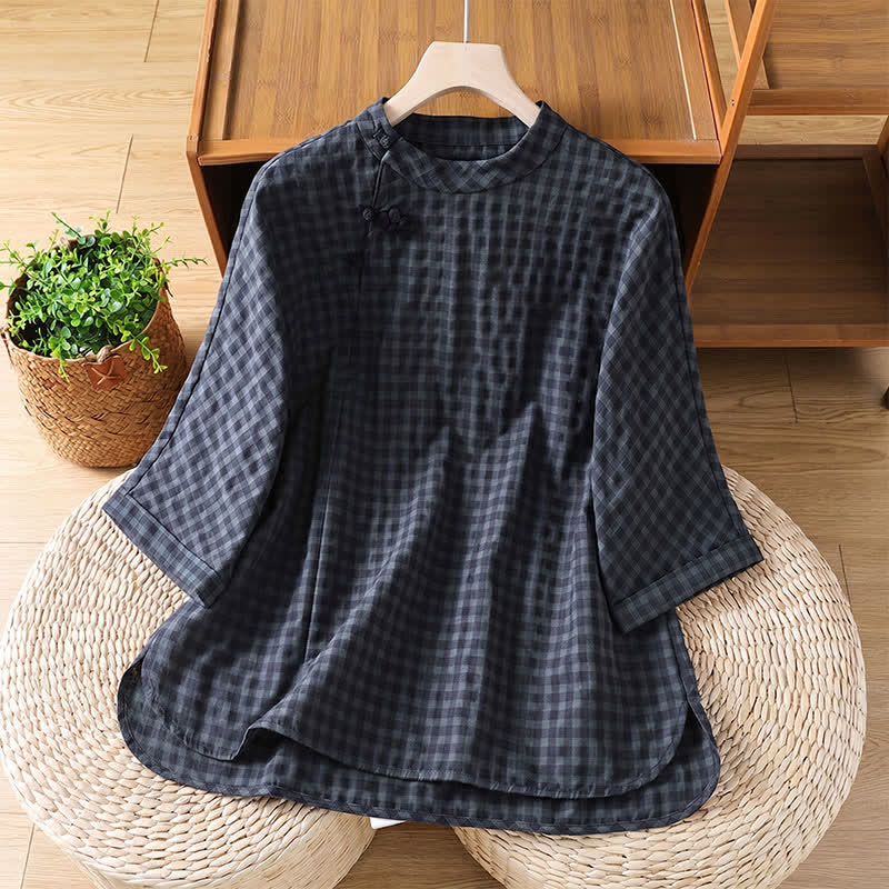 Chemises à carreaux noirs à manches trois-quarts pour femmes, style Tang, printemps-été décontracté, avec col mandarin et motif Buddha Stones - Gris ardoise foncé - US8-10, UK/AU12-14, EU40-42 (2XL) - image 0
