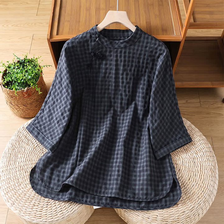 Chemises à carreaux noirs à manches trois-quarts pour femmes, style Tang, printemps-été décontracté, avec col mandarin et motif Buddha Stones - Gris ardoise foncé - US8-10, UK/AU12-14, EU40-42 (2XL) - image 0