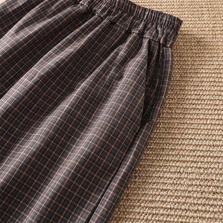 Buddha Stones Pantalon court à carreaux marron décontracté printemps-été pour femme, jambes larges et poches - image 7