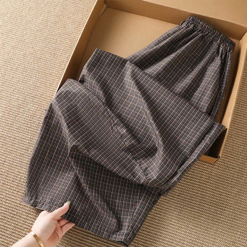 Buddha Stones Pantalon court à carreaux marron décontracté printemps-été pour femme, jambes larges et poches - image 1