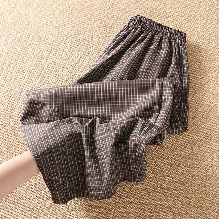 Buddha Stones Pantalon court à carreaux marron décontracté printemps-été pour femme, jambes larges et poches - image 2